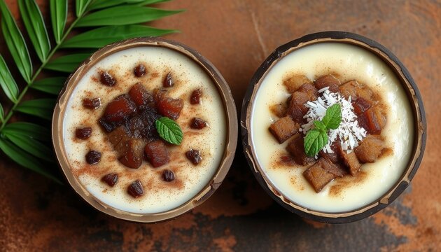 Traditional Venezuelan Dessert Bienmesabe Served in Coconut Bowls with Garnishes