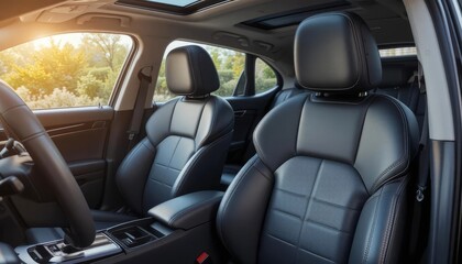Luxurious car interior with black leather seats and sunlight streaming through windows