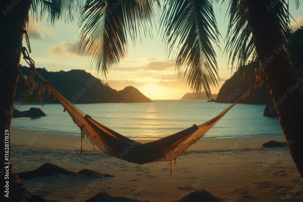 Aufkleber tranquil hammock tied between palm trees overlooking a sandy beach during golden hour lighting with 