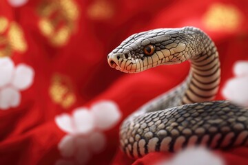Obraz premium A close-up shot of a snake coiled on a vibrant red cloth, highlighting its scales and texture