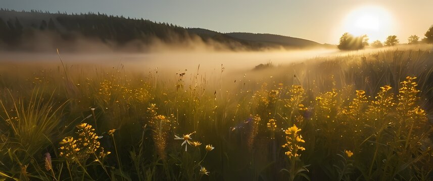 A golden meadow in summer dotted with wildflowers and swaying grasses alive with the buzz of insects capturing the essence of natures bounty