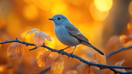 Obraz premium An elegant bird standing on an autumn branch, illuminated by soft golden light, creating a calming image.