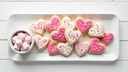 Fototapeta premium Heart-Shaped Cookies and Marshmallows on Platter for a Sweet and Romantic Valentine's Day