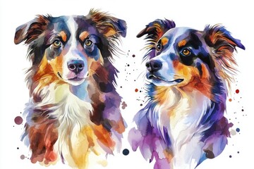 Fototapeta premium Two happy dogs sitting on a white surface