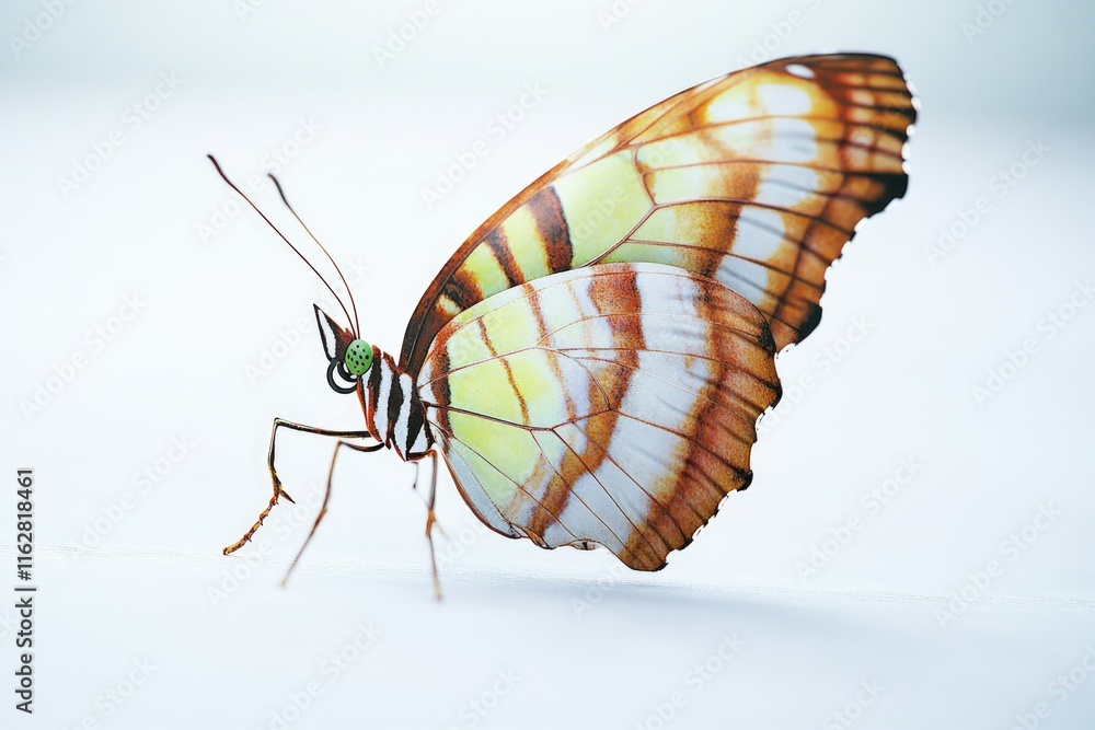 Poster a detailed view of a butterfly perched on a white background, ideal for use in designs and illustrat