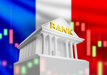 Bank bank building with French flag. Banking organization near quote chart. Central bank of France with columns. Banking system of French republic. Fluctuations in key rate in France. 3d image