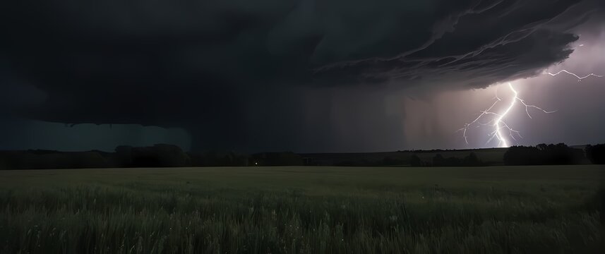 A dramatic shot of a thunderstorm rolling over a field with dark clouds swirling ominously and flashes of lightning illuminating the sky