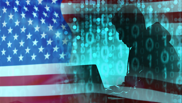 Hacker with USA flag. Man with laptop typing binary code. Cybercriminal from United States. Computer scientist develops software. Cybersecurity concept in USA. Hacker protects digital data. 3d image - Powered by Adobe