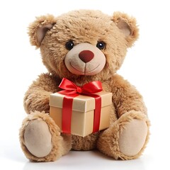 Fototapeta premium Teddy bear with present box with white background