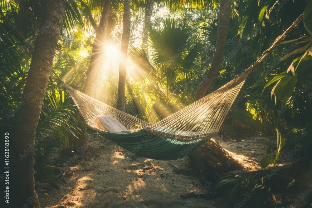 Poster tranquil tropical oasis: a hammock nestled in a dense forest with sunlight filtering through trees a