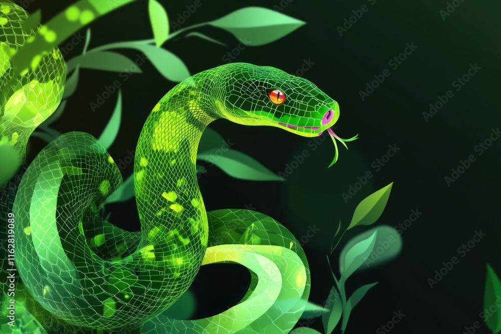 Poster a green snake with its mouth open perched on a branch, ready to strike