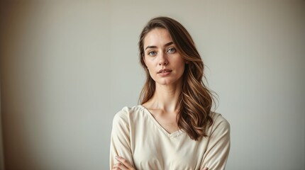 Confident woman with wavy hair standing against a neutral wall.