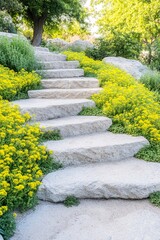 Stone steps surrounded by lush yellow flowers in sunlit garden