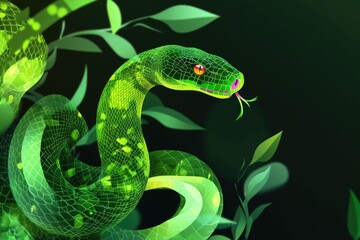 Fototapeta premium A green snake with its mouth open perched on a branch, ready to strike