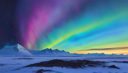 Naklejka premium Dazzling Spectrum of Purples in the Northern Lights Over Majestic Snowy Mountains