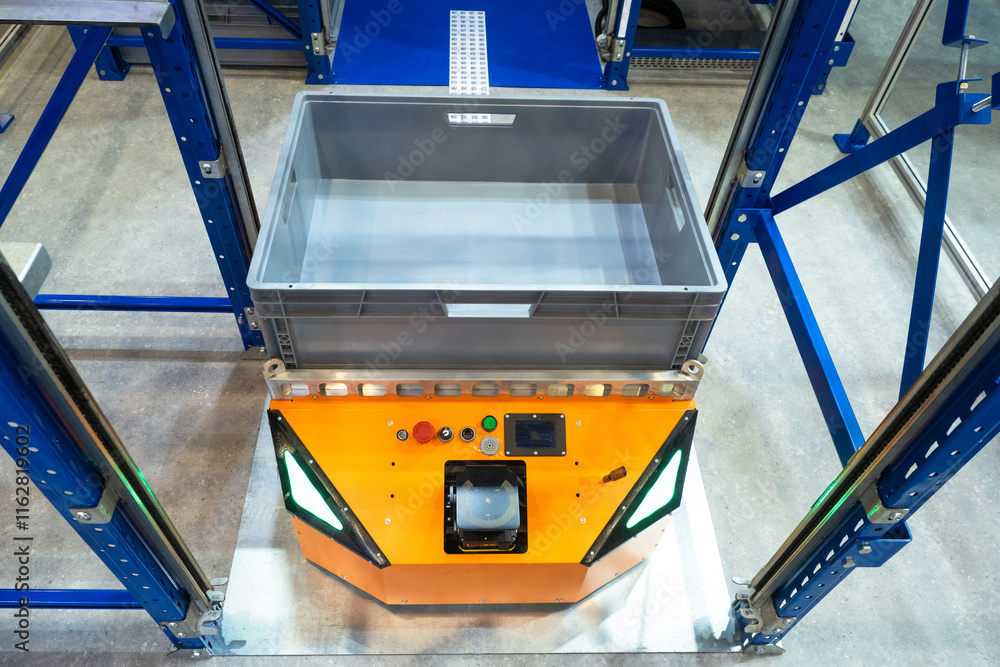 Poster warehouse robot. retrieval machines with box. warehouse automation. robot near storage shelving. ora