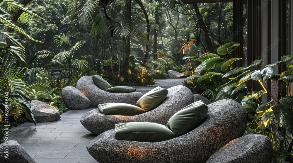 Poster immerse yourself in a lush rainforest setting, where the seating flows effortlessly into the natural