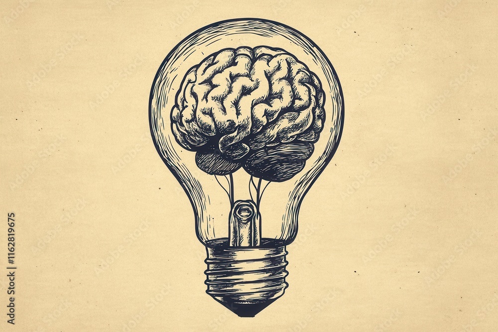 Aufkleber artistic sketch of a bulb with a brain inside featuring subtle lighting on a neutral backdrop in pen