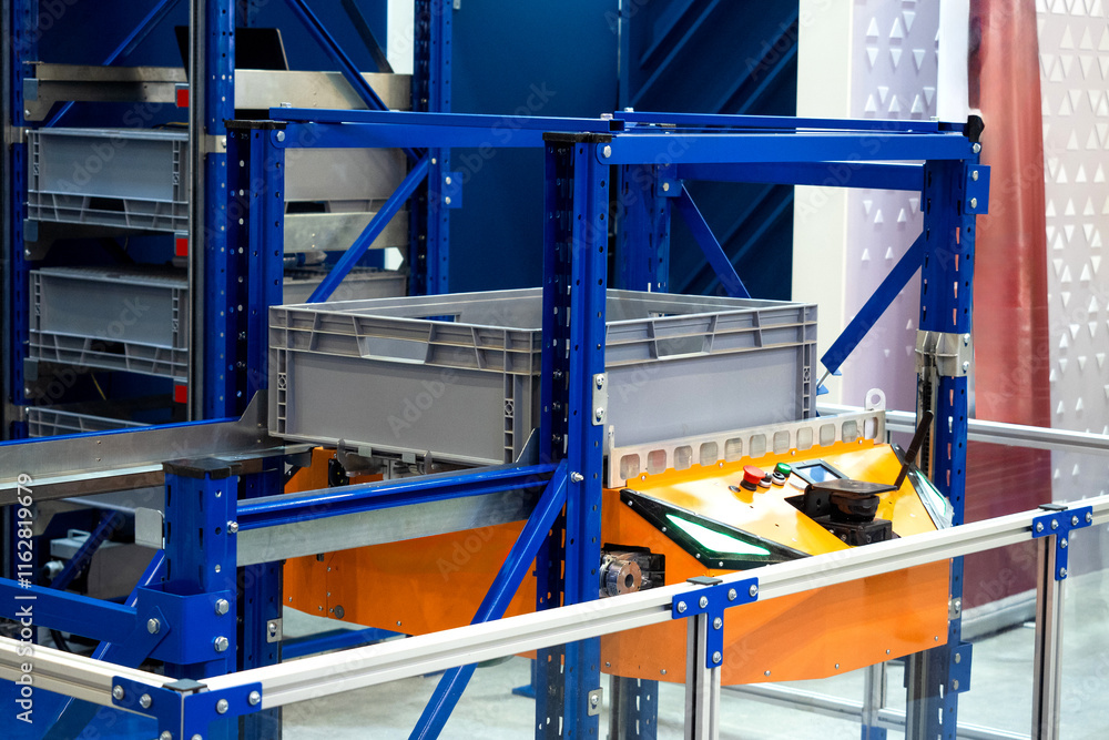 Poster warehouse robot for vertical movement of products. amr rises to second tier of rack. warehouse innov