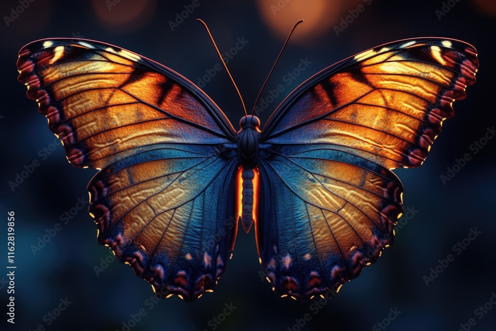 Poster a close-up view of a butterfly perched on a dark, matte surface