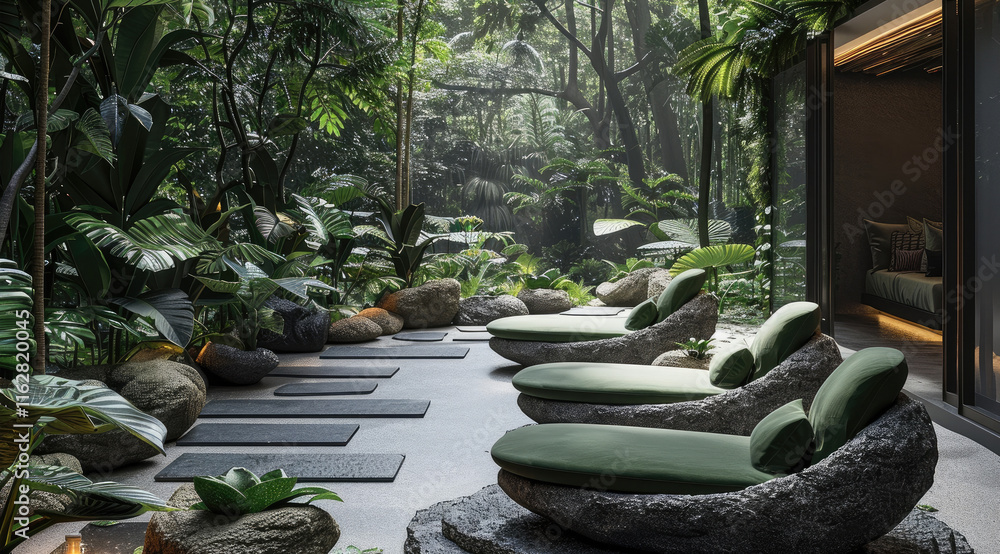 Poster immerse yourself in a lush rainforest setting, where the seating flows effortlessly into the natural