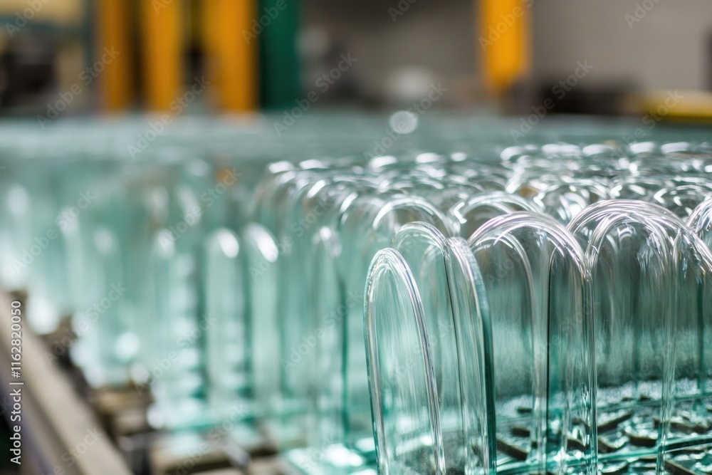 Poster a row of empty wine glasses on a production line, ready for filling