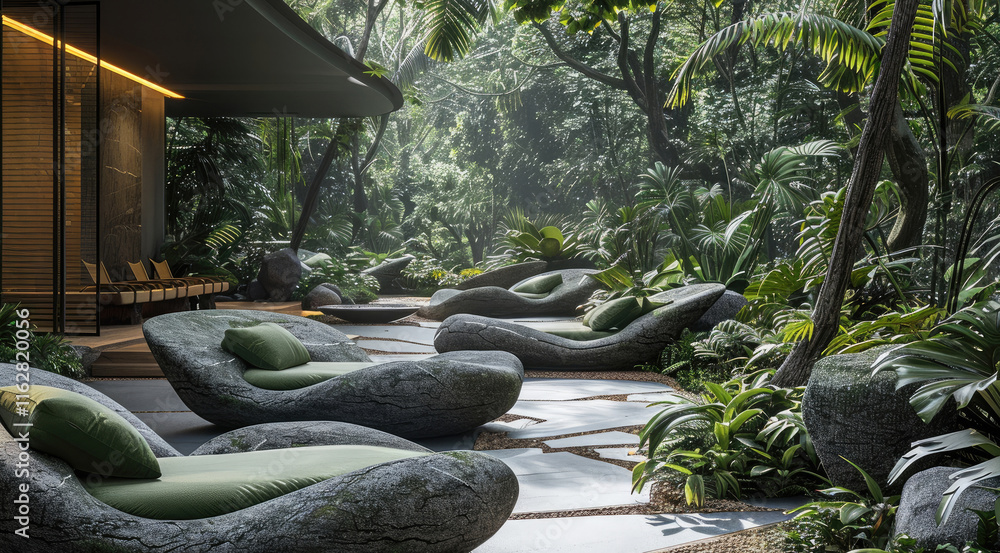Poster immerse yourself in a lush rainforest setting, where the seating flows effortlessly into the natural