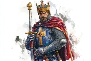 Obraz premium A regal figure holds a sword, wearing a crown