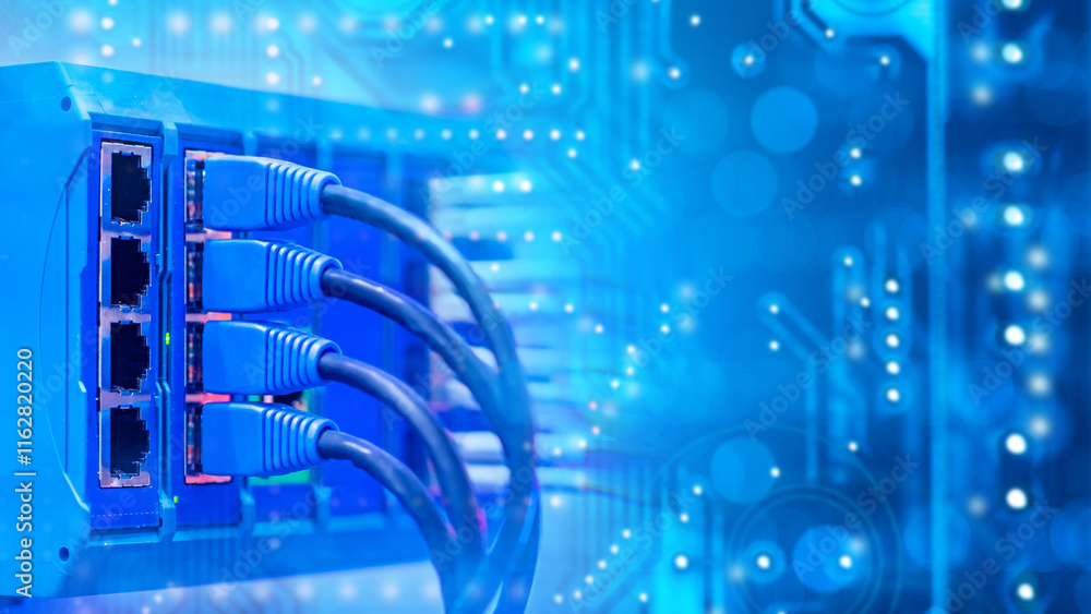 Poster network equipment. internet switch. fragment of router with patch cords. industrial network equipmen