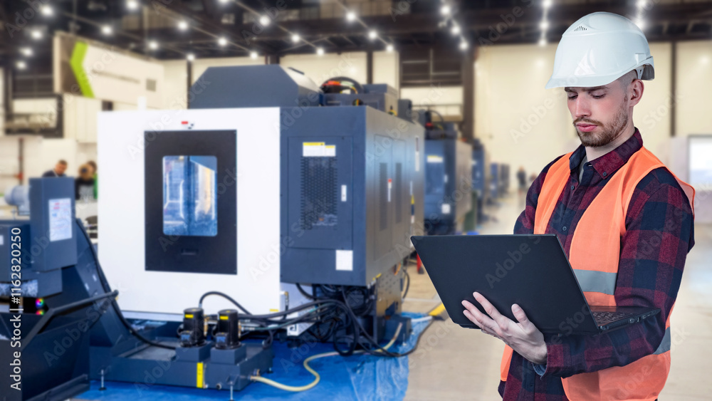Poster man controls cnc machine. milling metalworking equipment. engineer developing cnc technology. guy us
