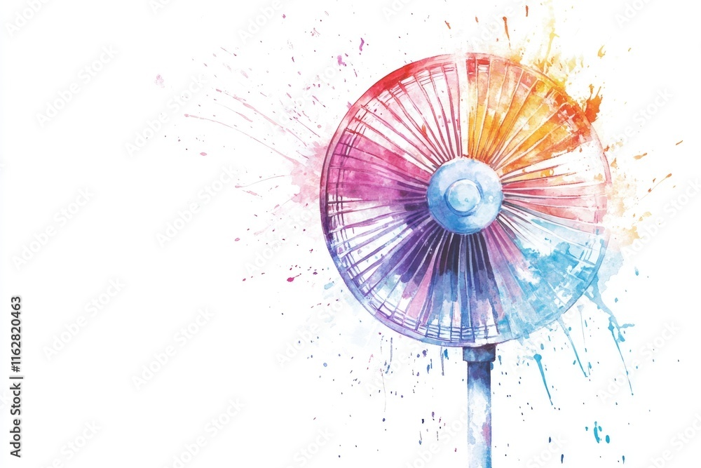 Poster a vibrant watercolor painting of a colorful fan with intricate designs and patterns
