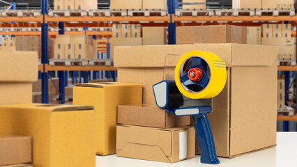 Packaging of parcels. Dispenser with tape near boxes. Storekeeper table. Packing boxes in warehouse. Cardboard parcels in distribution center. Scotch tape for packaging inside dispenser