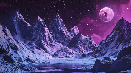 Beautiful surreal matte painting landscape mountains in nordic mood northern polar lights night. Starfall. Illustration