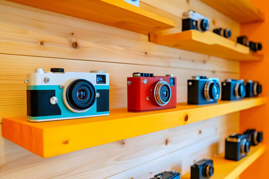 Rows of colorful cameras line bright wooden shelves, inviting photography enthusiasts to explore - Powered by Adobe