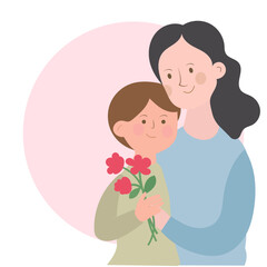 Mom and baby: flat minimalist illustration with flowers for cards, holidays and family décor