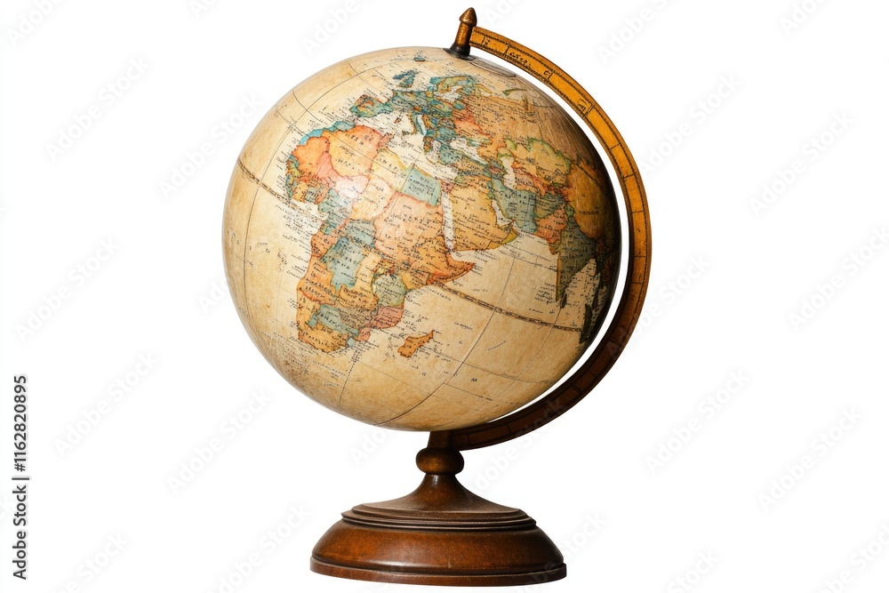 Poster a detailed image of a globe on a wooden stand with a white background, ideal for use in education or