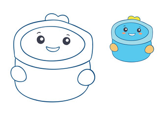 A cute baby sitting on a potty, smiling with playful expressions, surrounded by toys and bubbles. Perfect for a fun and engaging coloring activity for kids!