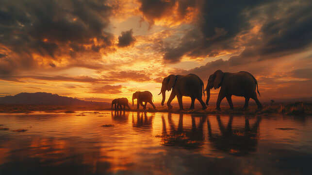 Grupa słoni, od najmniejszego do największego, idzie razem przez sawannę, otoczona cichą atmosferą zachodu słońca, tworząc obraz jedności i spokoju.
