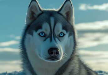 Majestic Siberian Husky Dog with Striking Blue Eyes in Winter Landscape