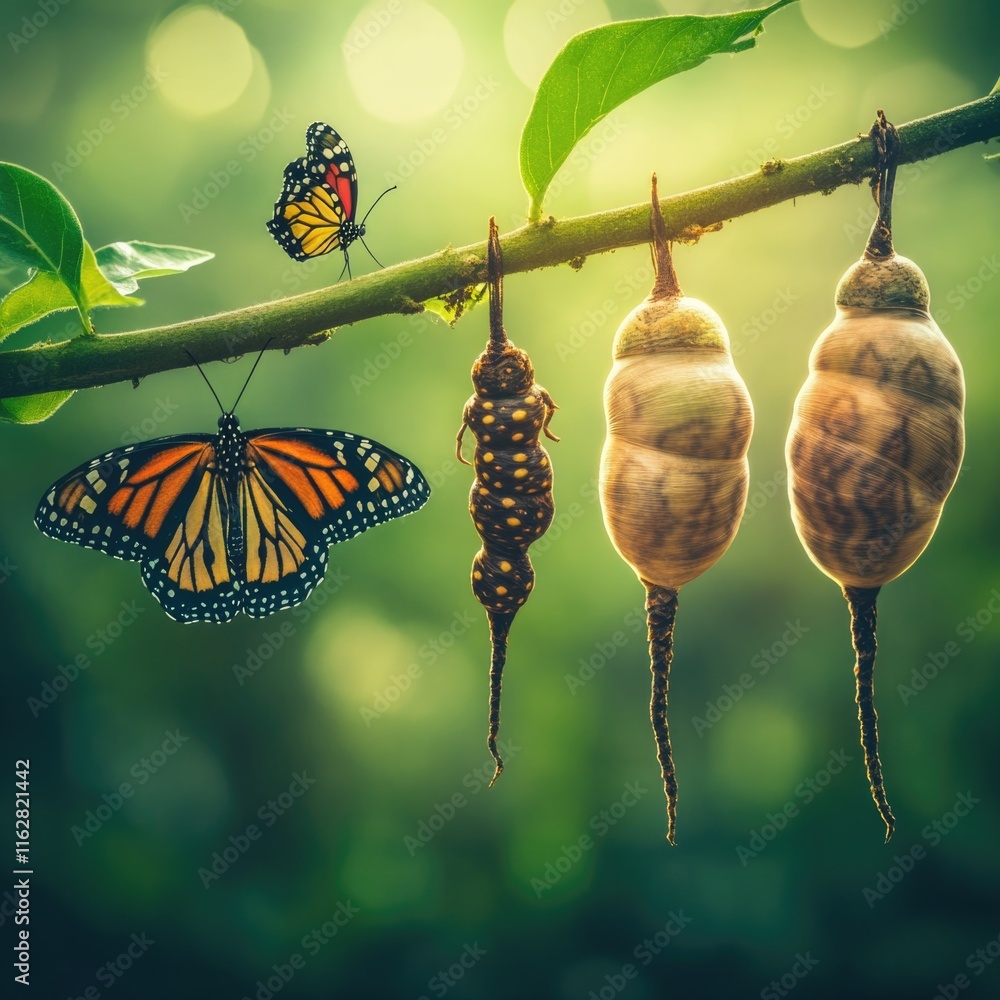 Poster a group of colorful butterflies hang from a tree branch, free and wild