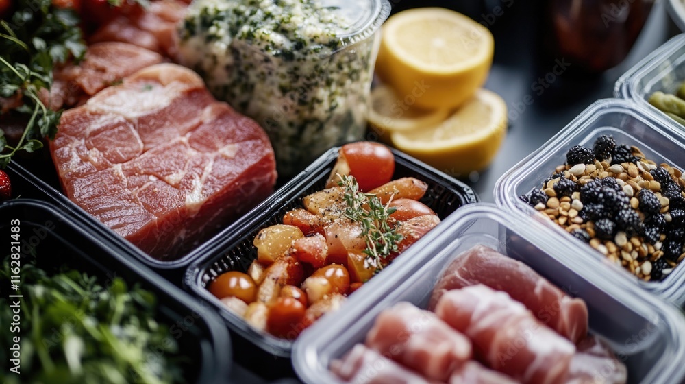 Poster plastic containers filled with various foods on a table