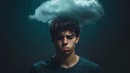 Depressed man under rain cloud, stressed businessman with mental anxiety troubles, lonely emotional crisis
