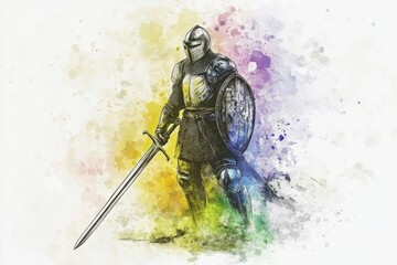 Fototapeta premium Illustration of a knight holding a sword and shield, ready for battle