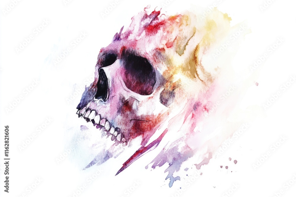 Poster a watercolor illustration of a skull set against a white background, suitable for use in various des