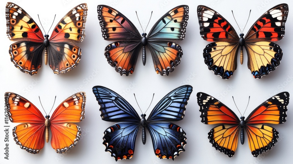 Poster a group of colorful butterflies perched on a white surface, ready for capture