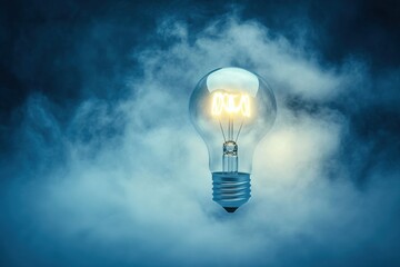 Dynamic Cartoon Style Illustration of a Bulb Launching into the Clouds with a Blue Background, Capturing the Essence of Creativity and Inspiration