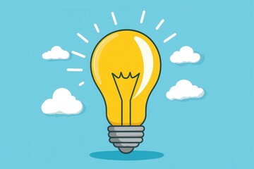 Dynamic Cartoon Style Illustration of a Bright Yellow Light Bulb Against a Cloudy Blue Background, Symbolizing Ideas and Innovation in a Playful Design
