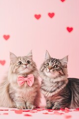 two cats one wearing a pink bow on a pastel pink solid color background, heart confetti, Valentines Day card