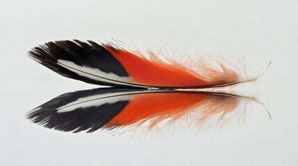 Obraz premium Pojedyncze pióro spoczywa na refleksyjnej powierzchni, gdzie jego delikatne detale są wyraźnie podkreślone przez odbicie.