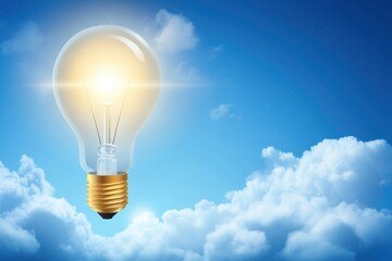 Dynamic Cartoon-Style Illustration of a Light Bulb Launching into a Cloudy Blue Sky with Bright Glow and Artistic Elements for Creative Projects